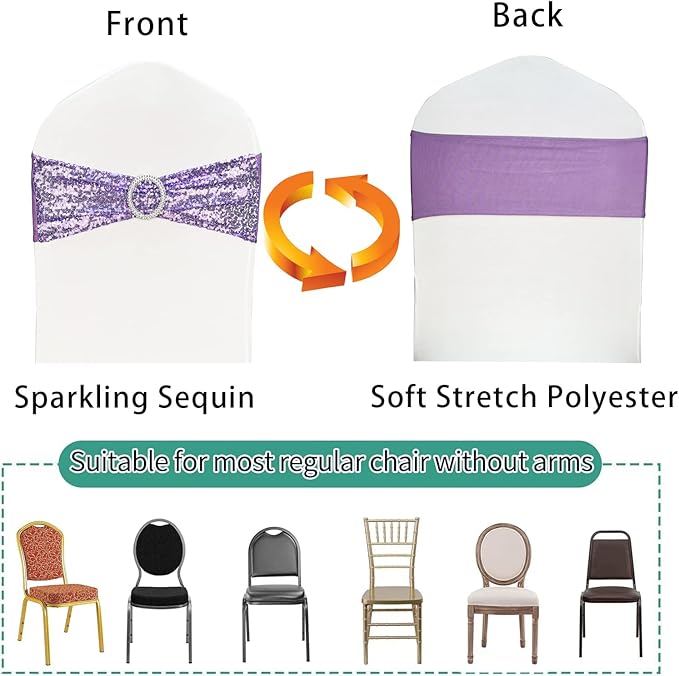 50 Pcs Sequin Chair Sashes Stretch Chair Bands Spandex Polyester Bows - Image 3