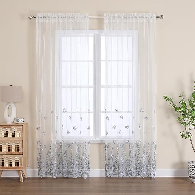 VISIONTEX White Sheer Voile Curtains, Decorative Blue Embossed Butterflies Rod - Image 2