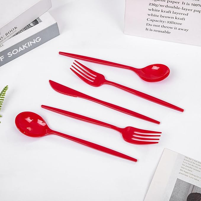 PULOTE 150PCS Red Plastic Silverware Set - Image 5