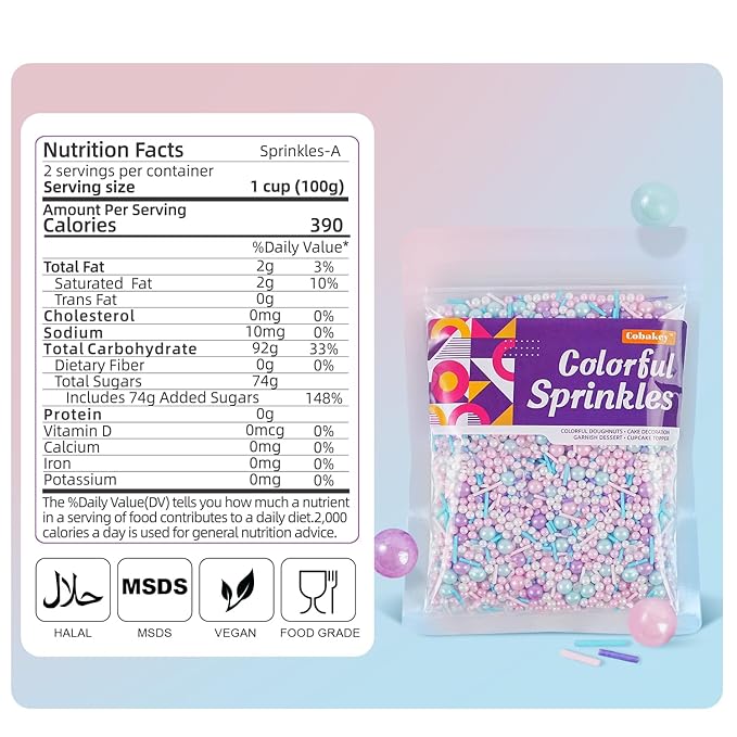 Pastel Sprinkles for Cake Decorating, 7oz Pink Purple Blue White Pearl Confetti - Image 2