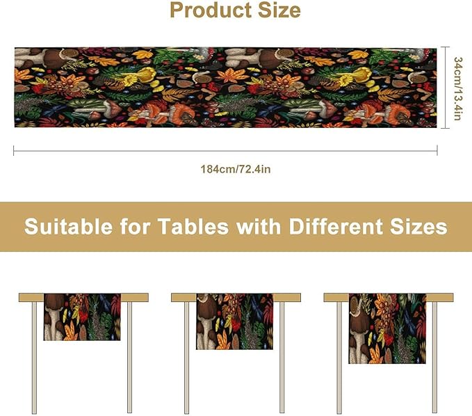 Nature Mushroom Table Runner, Retro Boho Floral Botanical Plant Forest Pattern - Image 2