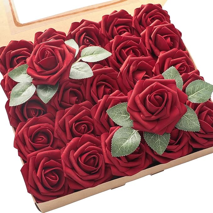 Floroom Artificial Flowers 25pcs Real Looking Dark Red Foam Fake Roses by Floroom