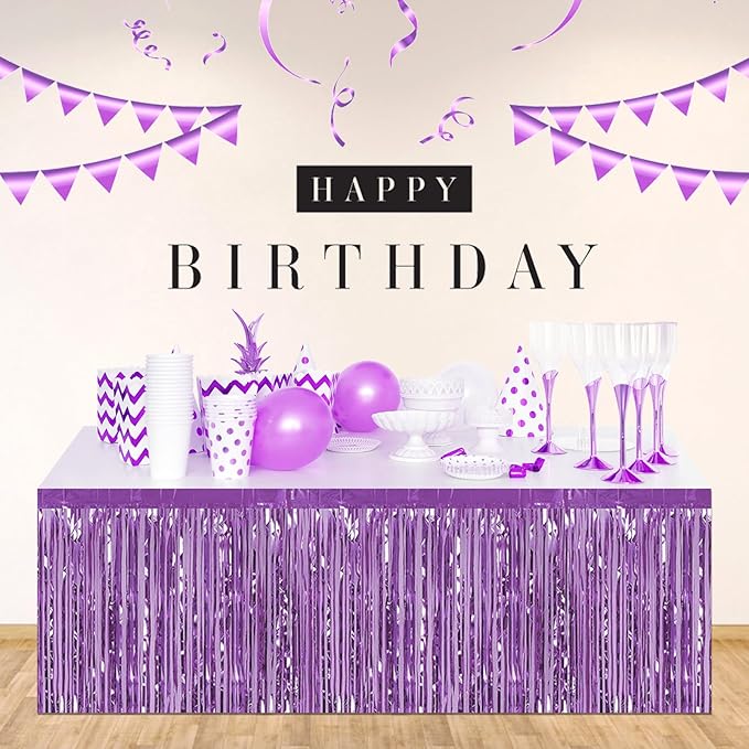 3 Pack 29 x108 Inch Light Purple Foil Fringe Table Skirts Metallic Banner - Image 4