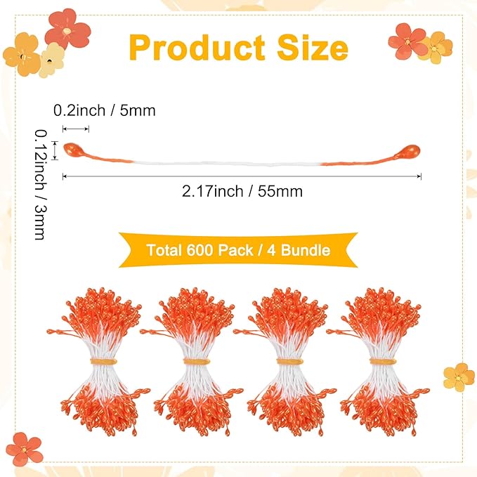 600-Pack Flower Stamens for Crafts, 5mm Double Heads Artificial Pearl Floral - Image 3