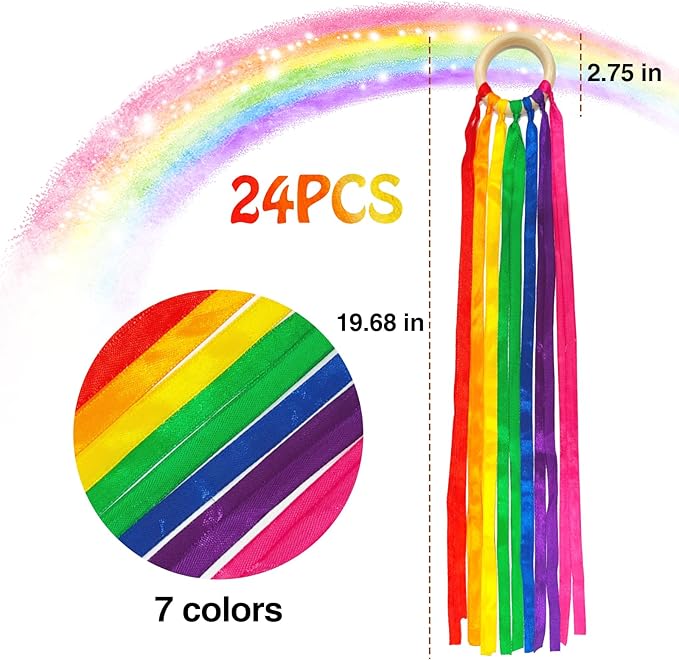 24Pcs Rainbow Ribbon Streamers Waldorf Toys Creative Waldorf Hand Kite Set - Image 2