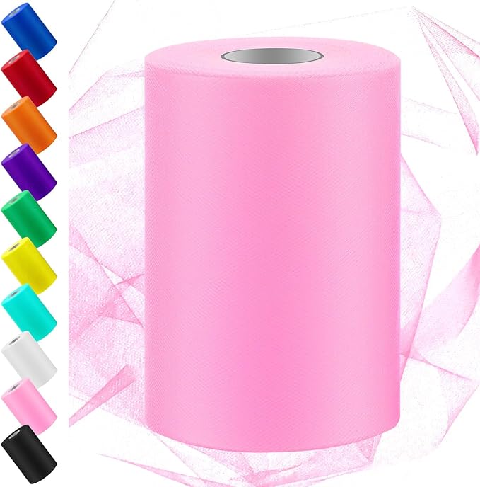 Swpeet 6 Inch by 100 Yards Pink Tulle Fabric Roll, Fabric Spool Tulle Ribbon by Swpeet