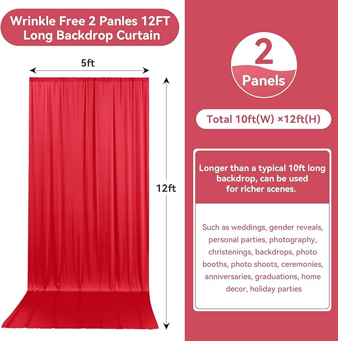 10ftx12ft Wrinkle Free Red Backdrop Curtain, 2 Panels 12FT Height Red Wedding - Image 4