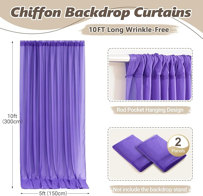 10ft x 10ft Purple Backdrop Curtains, Wrinkle-Free Sheer Chiffon Fabric Photo - Image 4