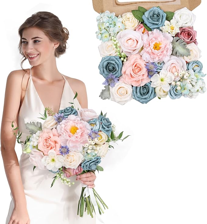 AmyHomie Blue Pink Artificial Flowers Combo Silk Mix Peony Rose Hydrangea Daisy - Image 8