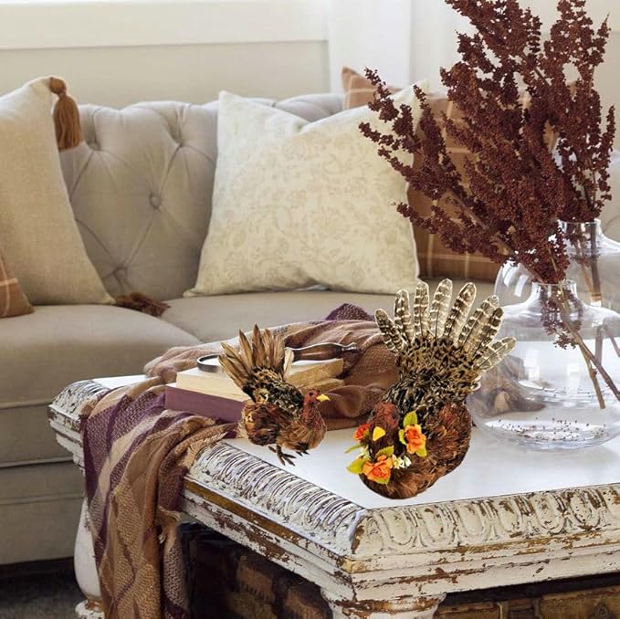 naturevibe 10/6.5 Inches Feathered Turkey Decorations Set of 2, Realistic Mom n - Image 4