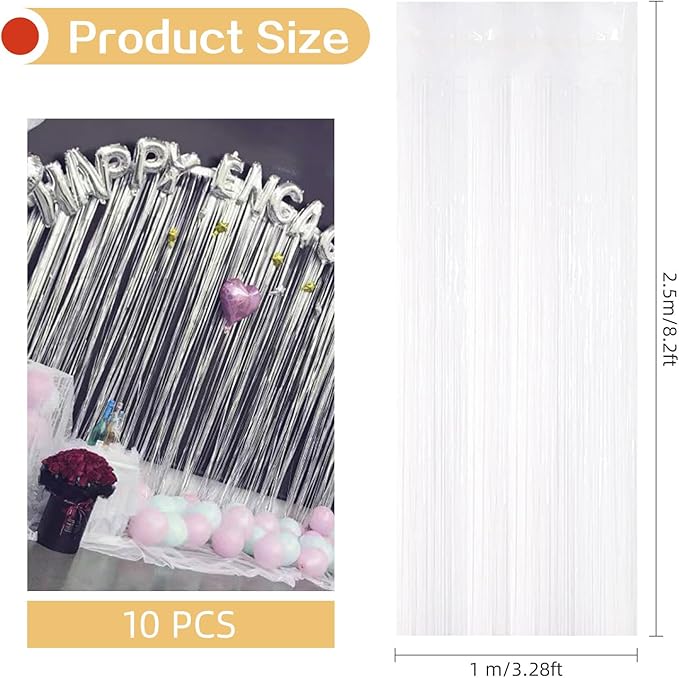 10 Pack White Backdrop Curtain 3.2ft x 8.2ft Metallic Tinsel Foil Fringe - Image 3