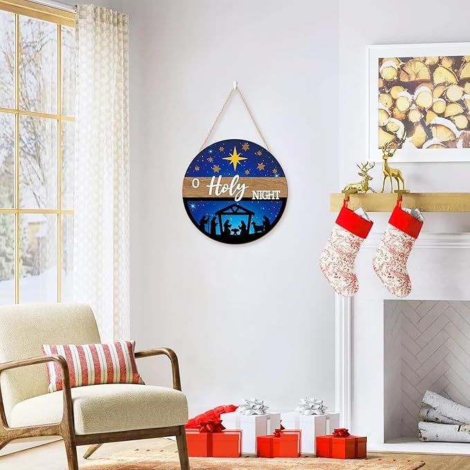 CHDITB 3D O Holy Night Jesus Christmas Front Door Sign, Wooden Nativity Scene - Image 4