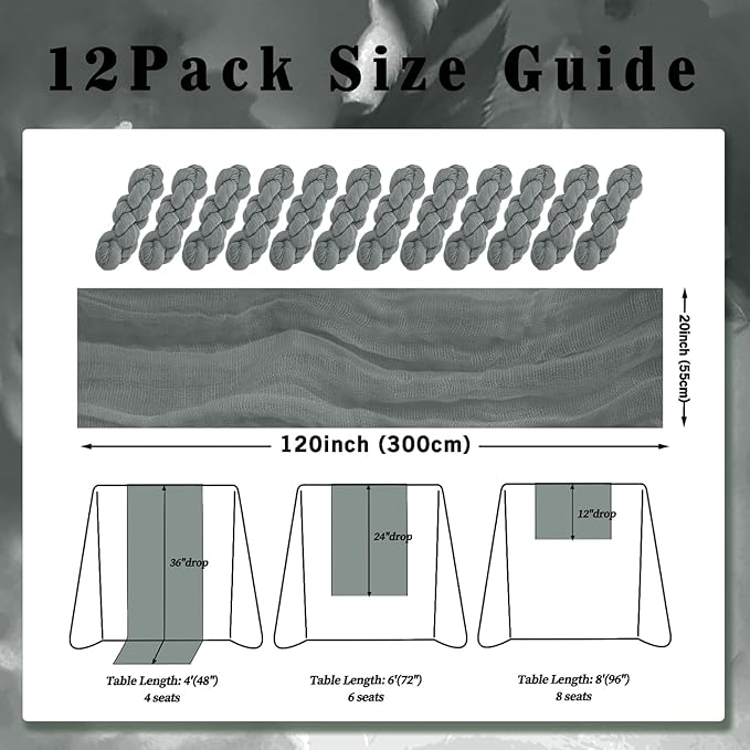12 Pack Gray 10FT Cheesecloth Table Runner Rustic Gauze Fabric Cheese Cloth - Image 2