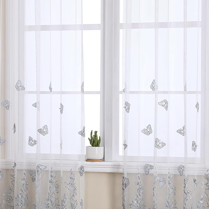 VISIONTEX White Sheer Voile Curtains, Decorative Blue Embossed Butterflies Rod - Image 3