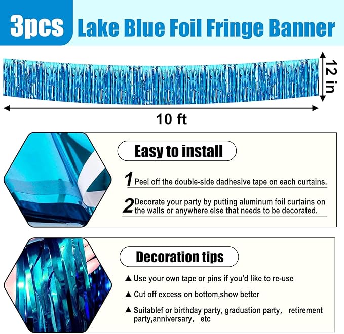 3 Pack 10 Long Lake Blue Metallic Foil Fringe Garland Wall Hanging Tassle Banner - Image 2