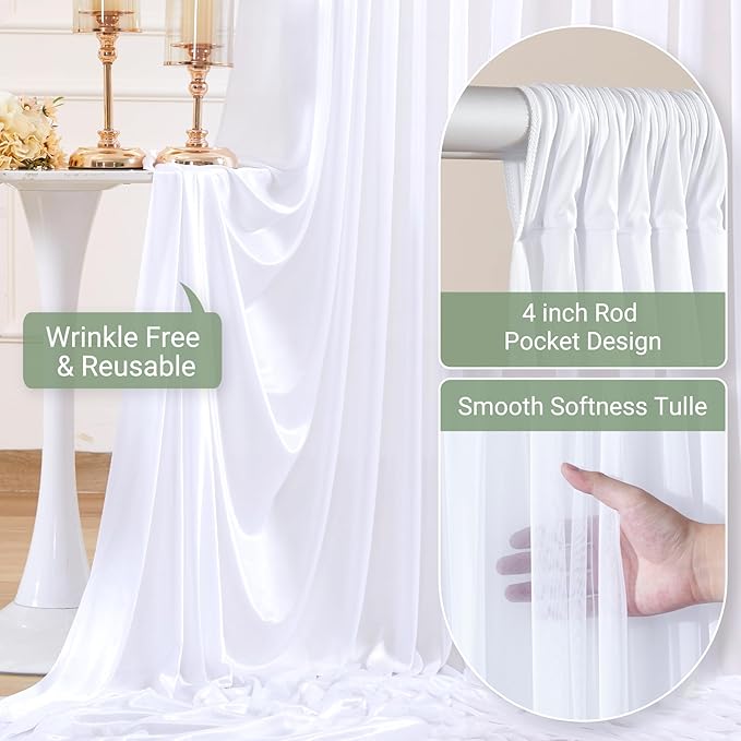 White Tulle Backdrop Curtain for Parties Wedding, 5ft x 10ft Wrinkle Free - Image 5
