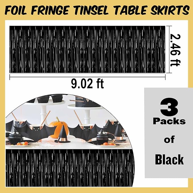 3 Pack 29 x108 Inch Black Foil Fringe Table Skirts Metallic Banner - Image 3