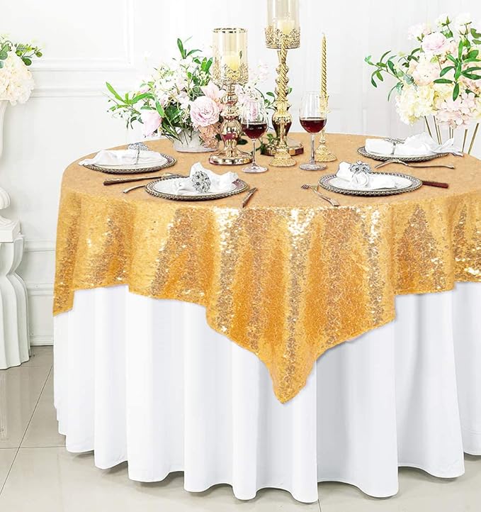 ShinyBeauty Gold Table Cloths for Party 2 Packs, 72X72 Inch Sequin Tablecloths - Image 2