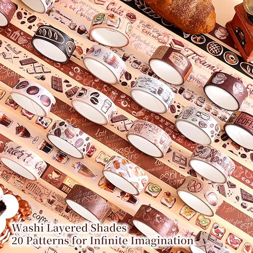 20 Rolls Coffee Theme Washi Tape Set, Writable Decorative Tapes - Image 3