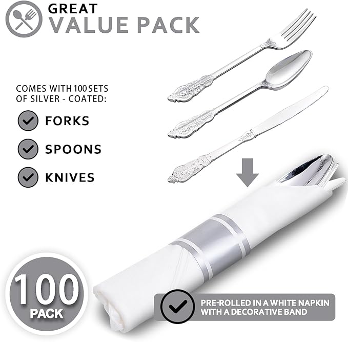 400PCS Pre Rolled Silver Plastic Silverware Sets - Image 3