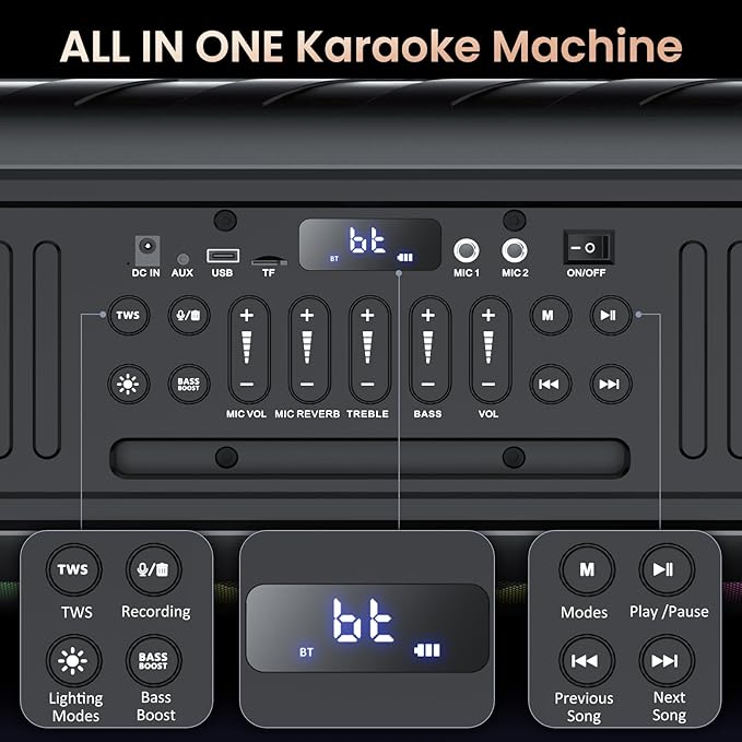 Karaoke Machine with 2 Wireless Microphones, 【Dual 60W 6.5"Subwoofer & 400W - Image 7