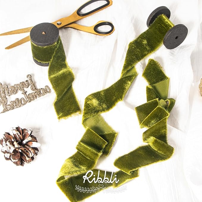 Ribbli Moss Green Velvet Ribbon 1.5 Inch Handmade Frayed Vintage Christmas - Image 2