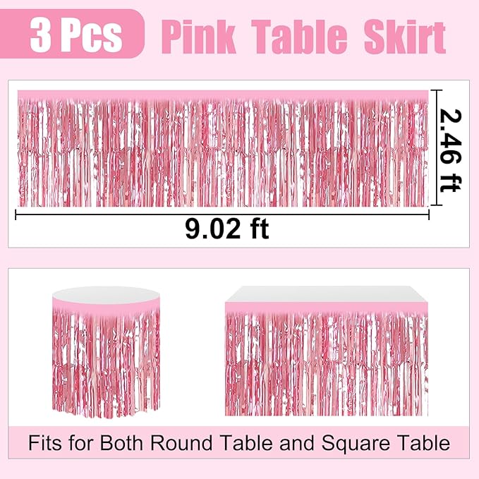 3 Pack 29 x108 Inch Pink Foil Fringe Table Skirts Metallic Banner - Image 2