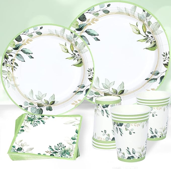 Green Party Plates Supplies, Sage Green Paper Eucalyptus Leaf Plates and Napkins by Frigg
