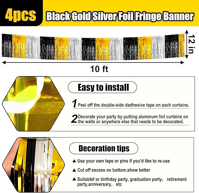 4 Pack 10 Feet Black Gold Silver Foil Fringe Garland Metallic Tinsel Streamers - Image 2