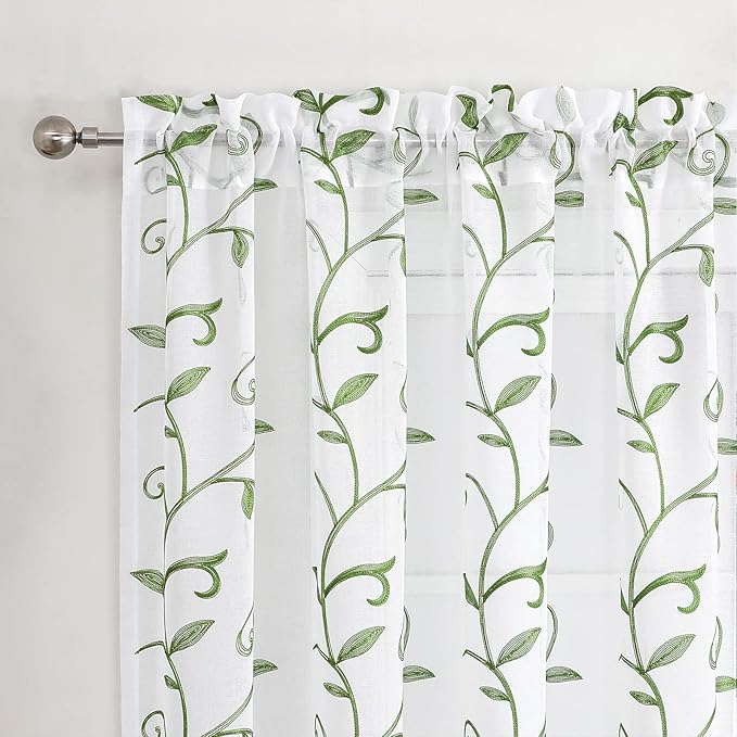 VISIONTEX Embroidered Green Sheer Voile Curtains, Leaves Embroidery Faux Linen - Image 3