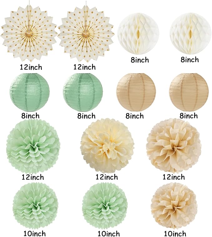 Sage-Green Beige-Champagne Party-Decorations Streamers Lanterns - Image 2