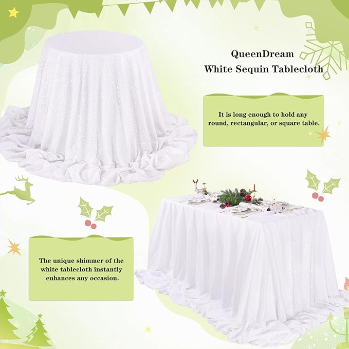 QueenDream Sequin Tablecloth 90 x132 Inch White Rectangle Tablecloth Glitter - Image 4
