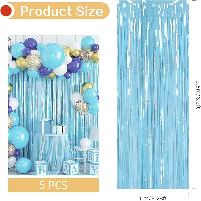 5 Pack Blue Foil Curtain Backdrop 3.2ft x 8.2ft Tinsel Foil Fringe Curtains - Image 3