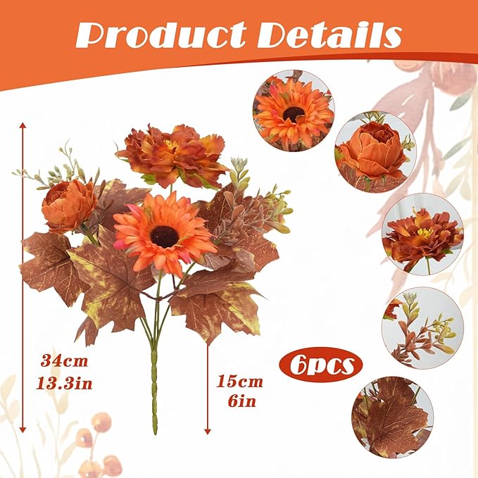 6 Pcs Fall Flowers Artificial for Decoration Silk Burnt Orange Flowers Fall - Image 3