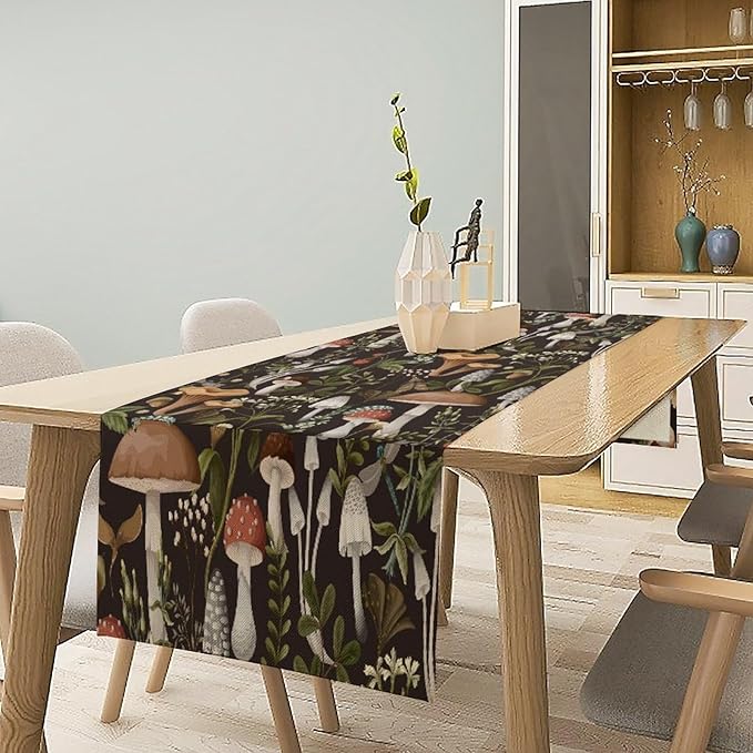 Mushroom Table Runner, Retro Forest Wildflower Botanical Plants Flower Art - Image 6