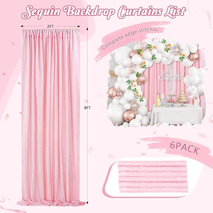 Backdrop Curtain Sequin Fabric 6 Pcs 2ftx8ft Pink Sequin Curtains Backdrop - Image 4