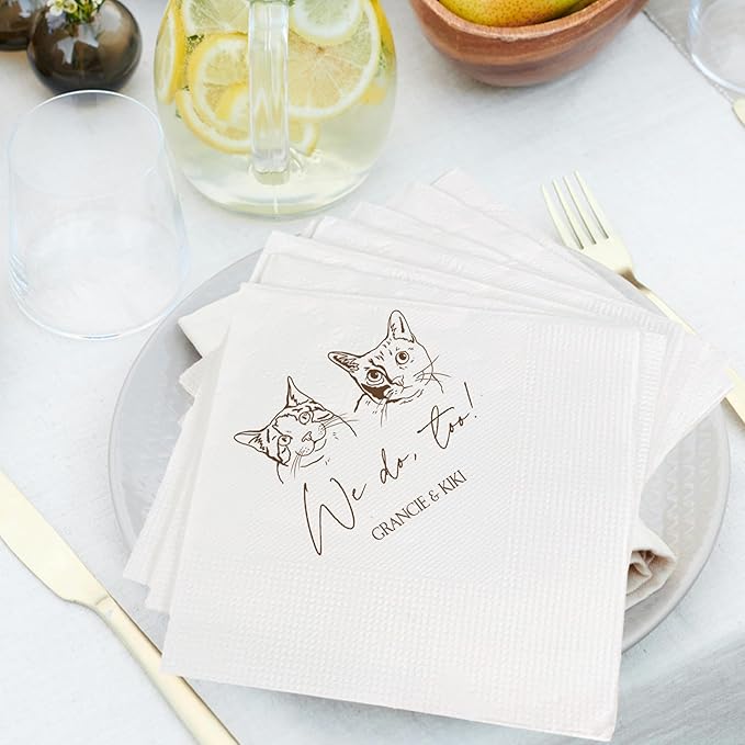 Luxury Personalized Illustrated Cat Wedding Napkins, Personalized Photo Napkins - Image 3