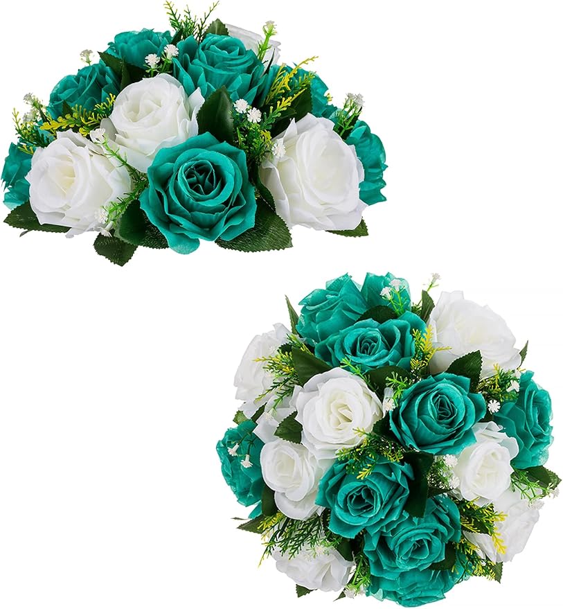 BLOSMON Teal Flowers Ball Decorations: 2 Pcs Fake Roses Flower Centerpiece by Blosmon