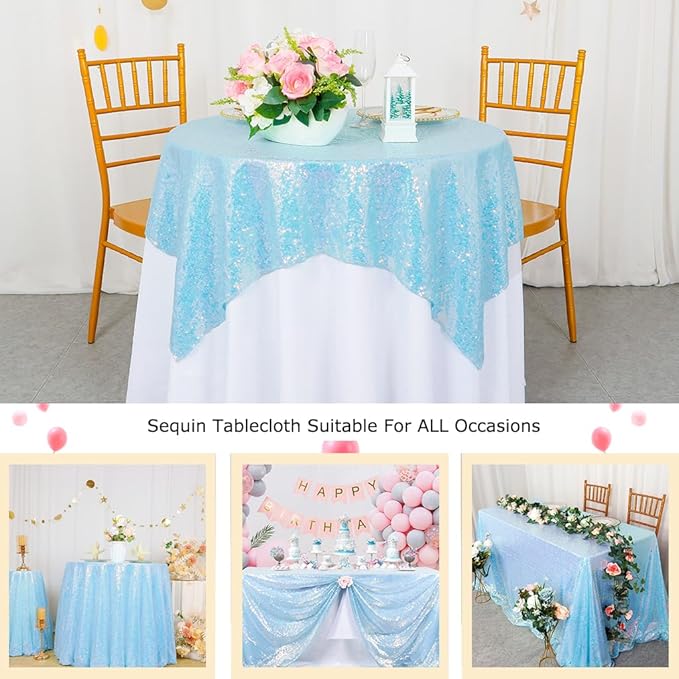 ShinyBeauty Iridescent Aqua Sequin Tablecloth Square Overlay Aqua Blue - Image 5