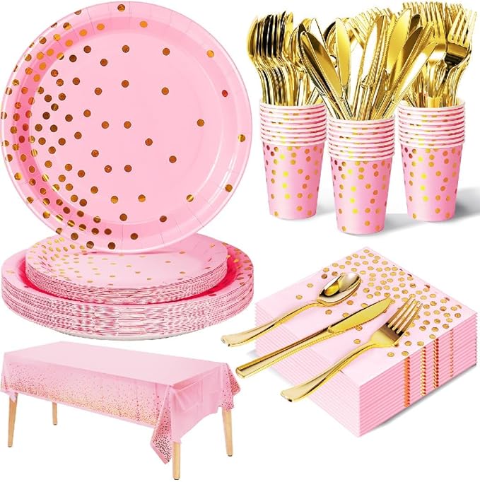 141 Pieces Pink and Gold Party Supplies, Party Dinnerware Sets Include Paper by Nkaiso