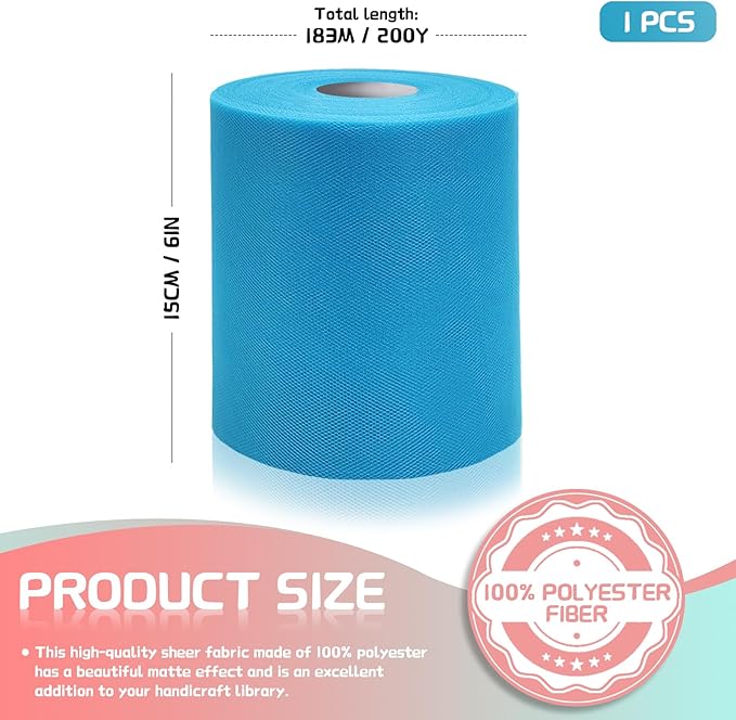 6" x 200 Yards Turquoise Tulle Fabric Rolls, Teal Spool Tulle Ribbon - Image 2