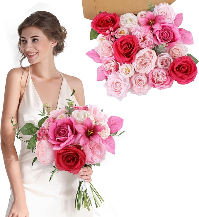 AmyHomie Fuchsia Pink Artificial Flowers Combo Silk Mix Peony Rose Fake Flowers - Image 8