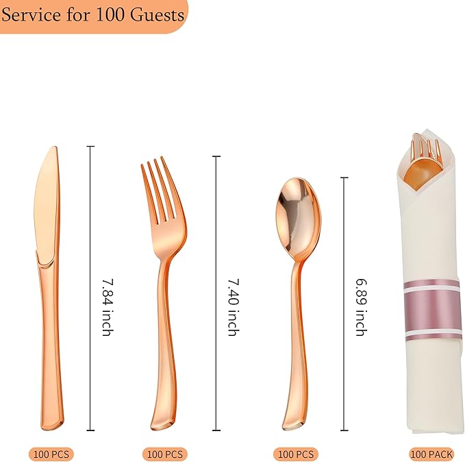 100 Pack Pre Rolled Rose Gold Plastic Silverware Set - Image 3