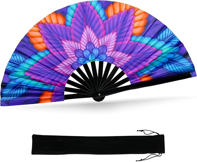SYNTECSO Folding Hand Fan for Rave, UV Glow Fan, Large Bamboo Fan for Drag Queen by SYNTECSO