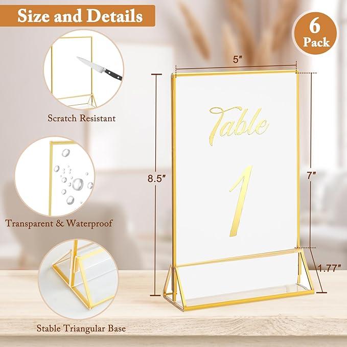 Floroom 6 Pack 5x7 Inch Clear Acrylic Sign Holders, Double-Sided Gold Display - Image 2