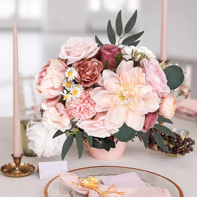 AmyHomie Pink Artificial Flowers Combo Silk Mix Peony Rose Hydrangea Daisy Fake - Image 5