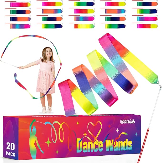 20 Pack Ribbon Dancer Wands for Kids, Rainbow Streamers Dance Ribbon, Party by HAPMARS