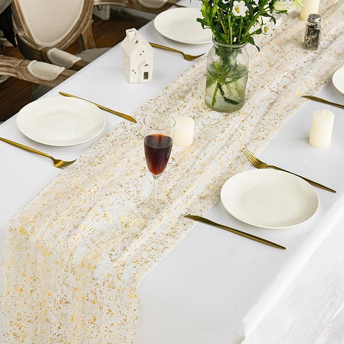 Artoid Mode 6Pcs Beige Gold Gauze Table Runner 120 Inch 10FT, Glitter Metallic - Image 4