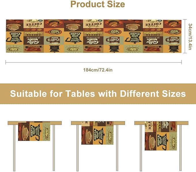Coffee Table Runner, Vintage Style Coffee Beans Cups Theme Design Pattern Print - Image 2