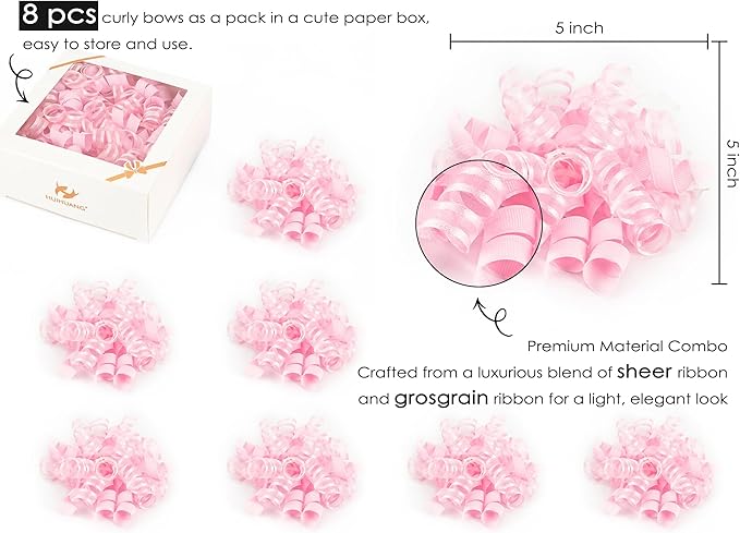 HUIHUANG Pink Gift Bows Self-Adhesive Curly Ribbon Bow 5 inch x 8 Counts Light - Image 2